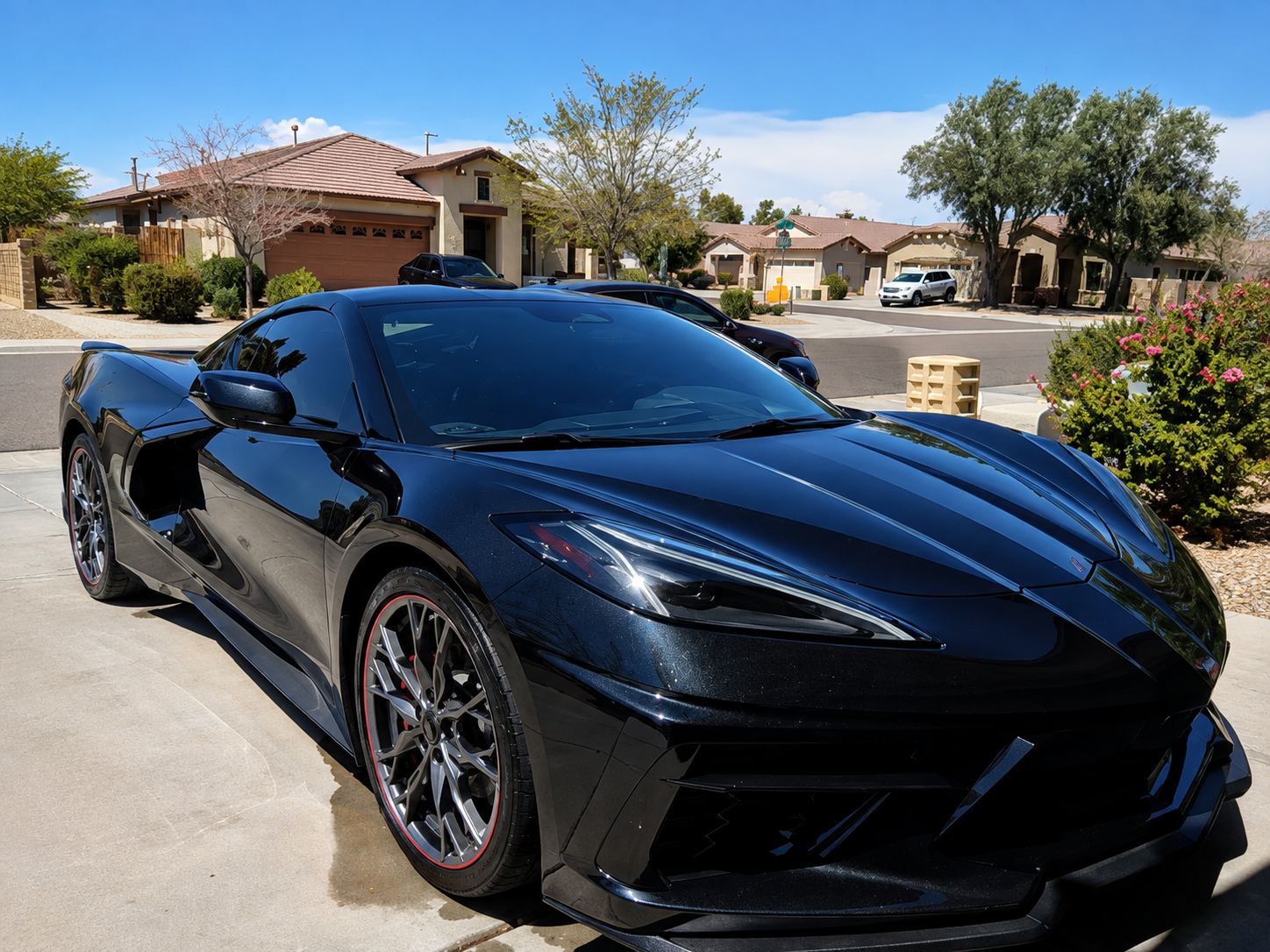 Black Chevrolet Corvette C8 gleaming in a Phoenix driveway after a full detail