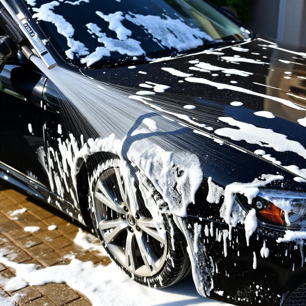 Foam covering a black car during an exterior wash in a driveway
