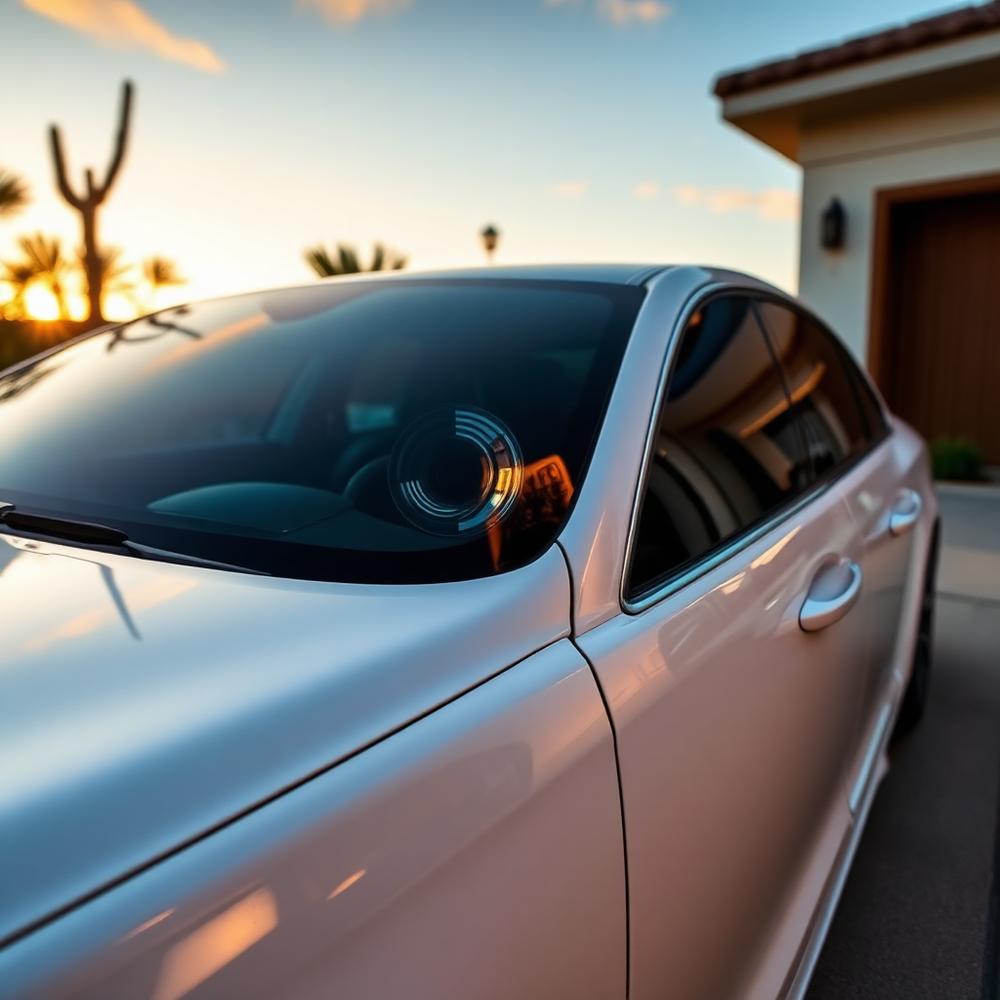 Finished detailed white sedan gleaming in an Arizona driveway