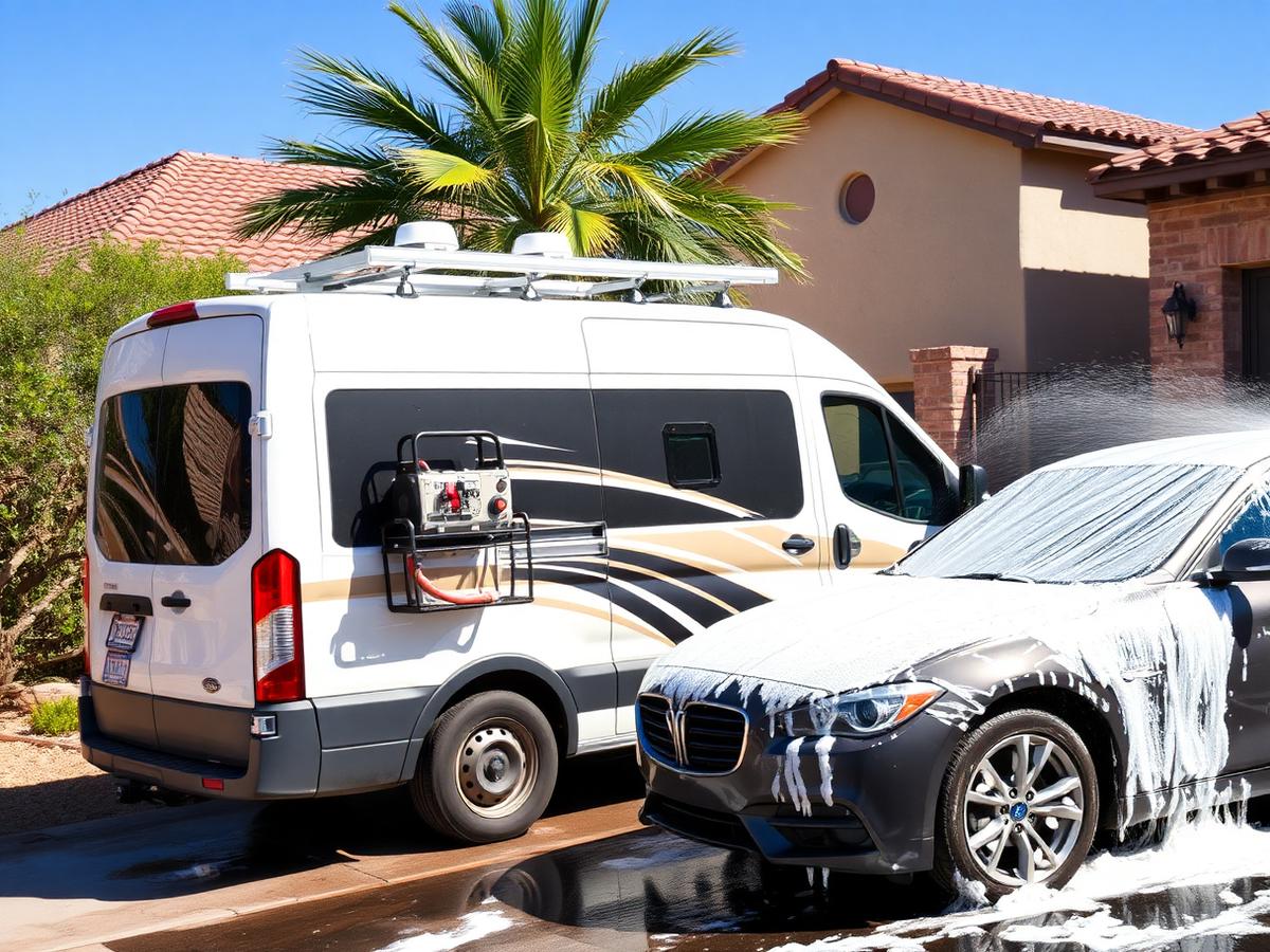 Mobile detailing van with water and power equipment parked beside a car being washed in a driveway